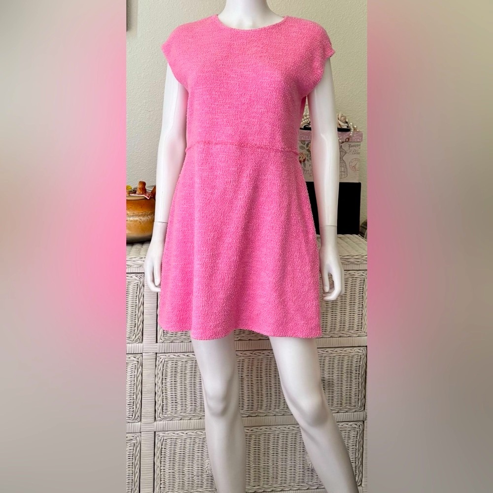 Zara Tweed Mini Cocktail Dress A- Line Sleeveless Unlined in Hot Pink Size L